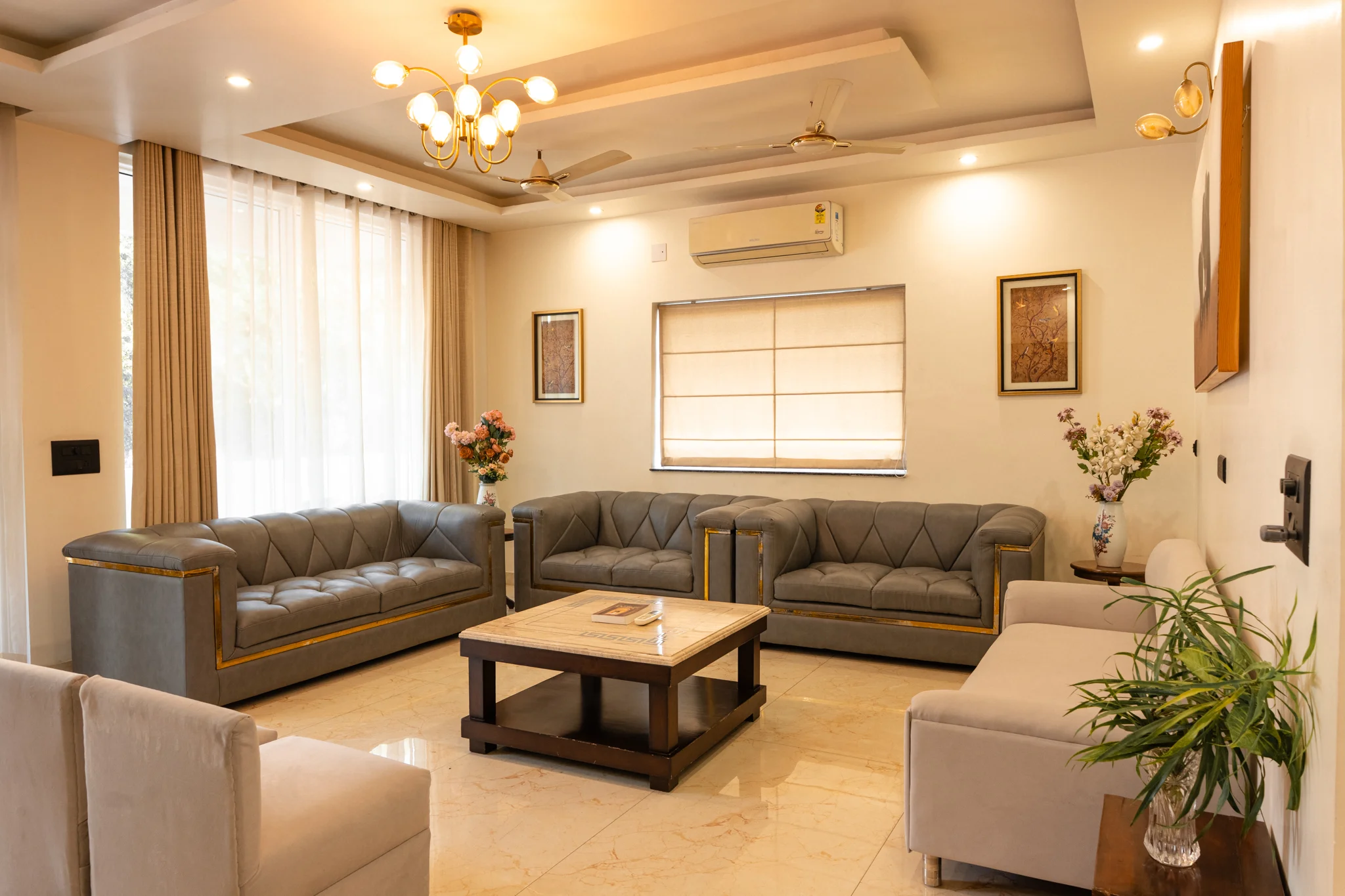 Chic interior decor details in the main drawing room of the best homestay in Dehradun